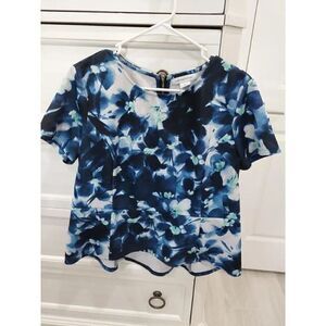 Liz Claiborne Blue White Floral Peplum Blouse